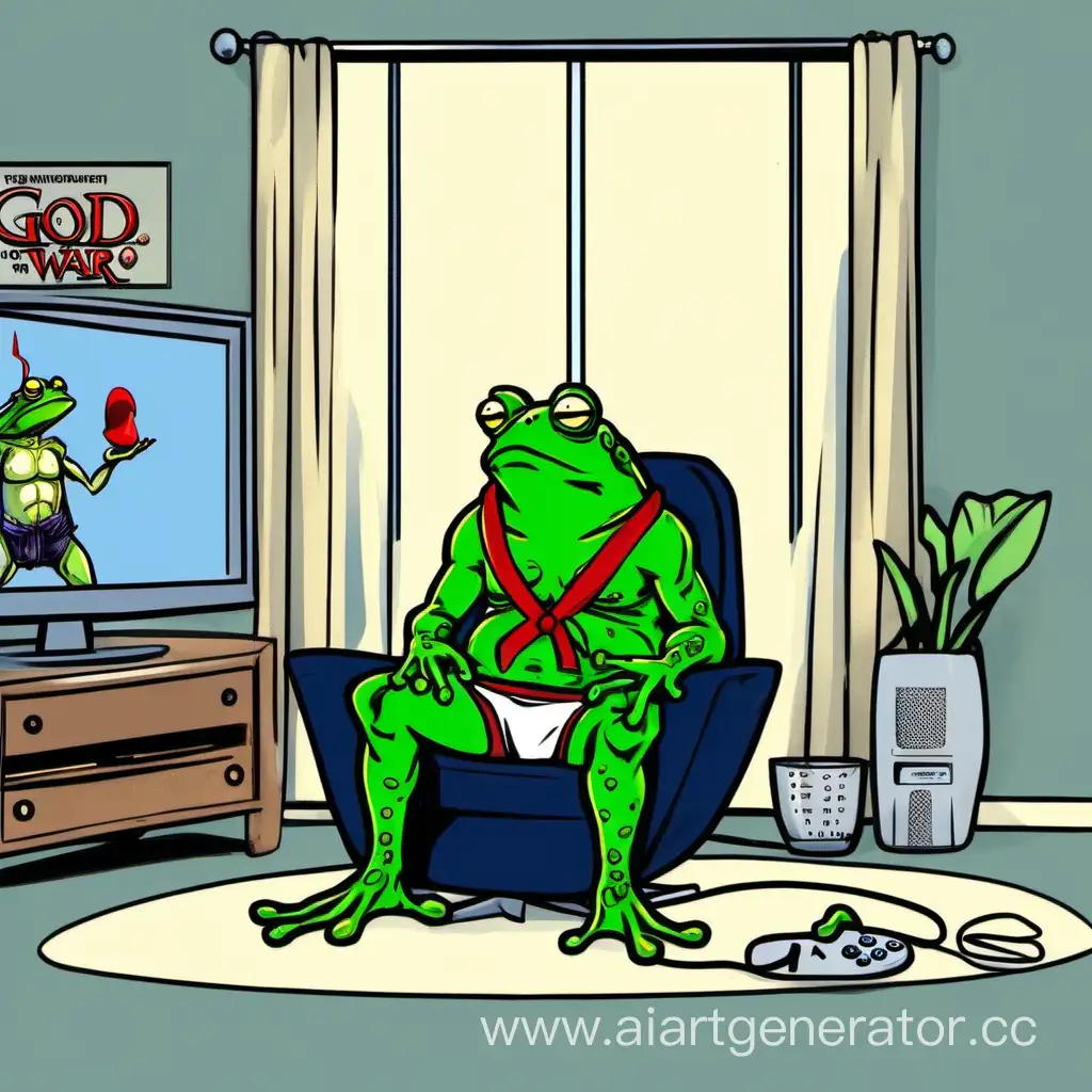 жабка в трусах сидит в компьютерном кресле перед телевизором и играет в плейстейшен в God of war