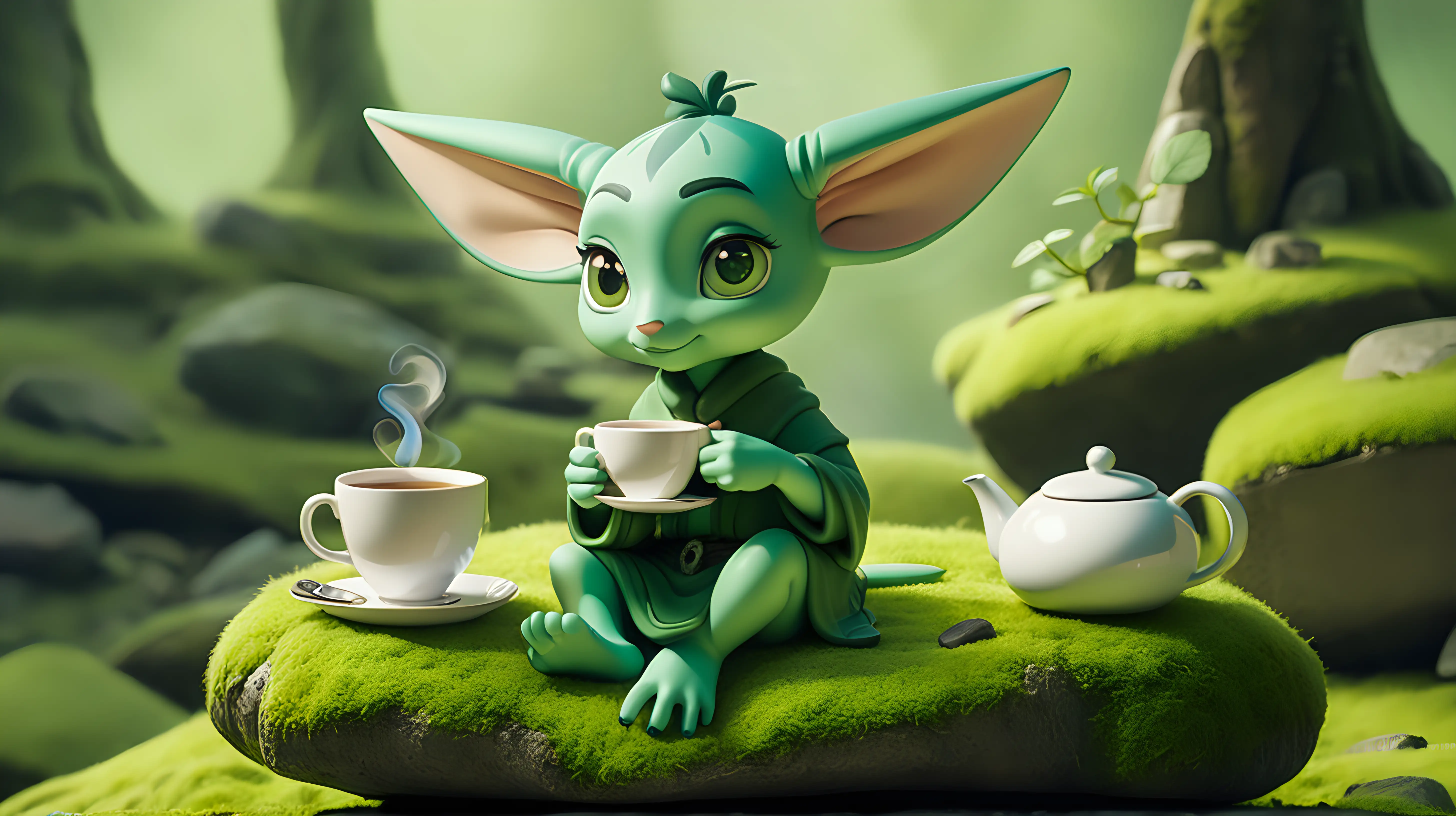 A cute, green figure with pointed ears, enjoying a cup of tea while perched on a moss-covered rock.