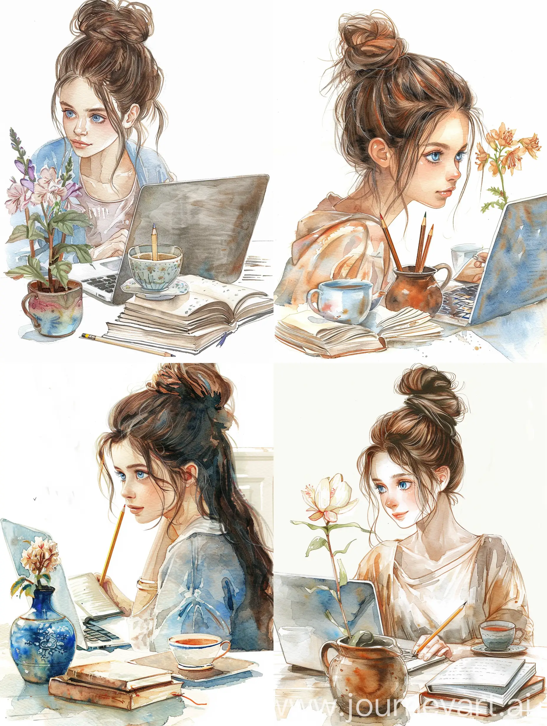 Young-Woman-Working-on-Laptop-with-Tea-and-Flowers