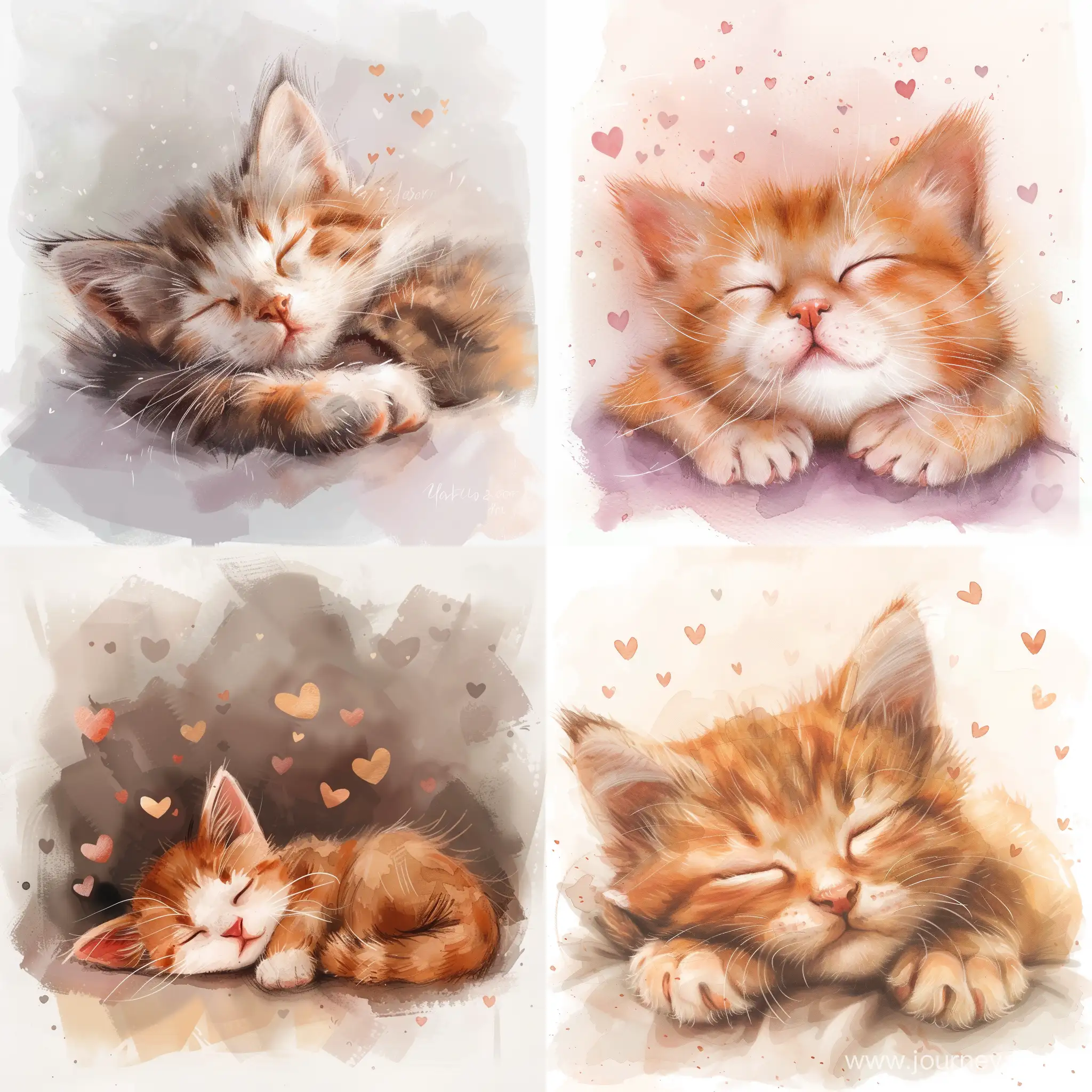Adorable-Kitten-Falling-Asleep-Surrounded-by-Fluttering-Hearts-in-Watercolor-Style