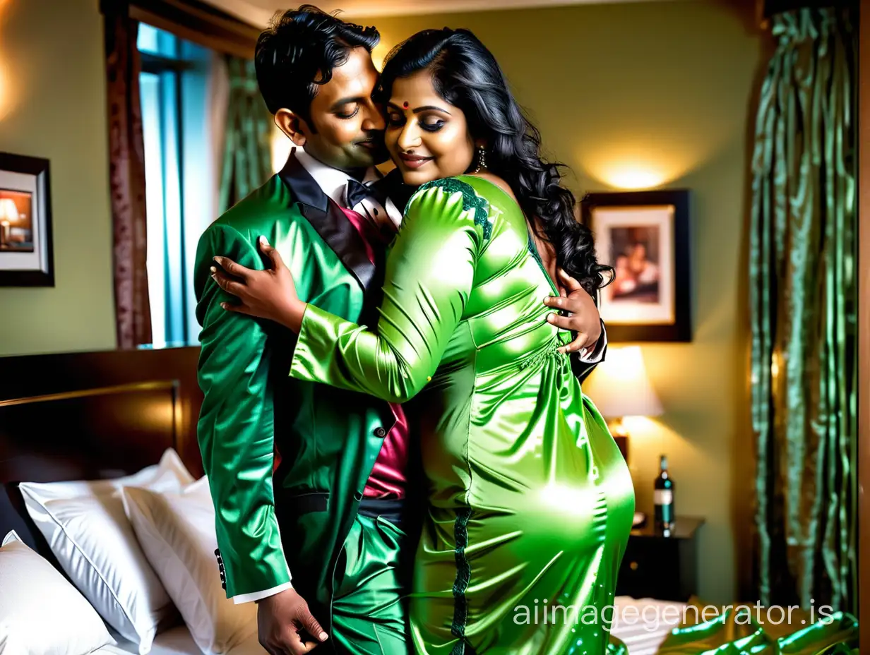 Generate full body front view image of one 40 year old very busty and curvy Indian woman wearing skin tight shining green satin nightgown hugging piggyback her one man boyfriend wearing formal suit in a hotel bedroom show their full body shot. no other male or female character should be present