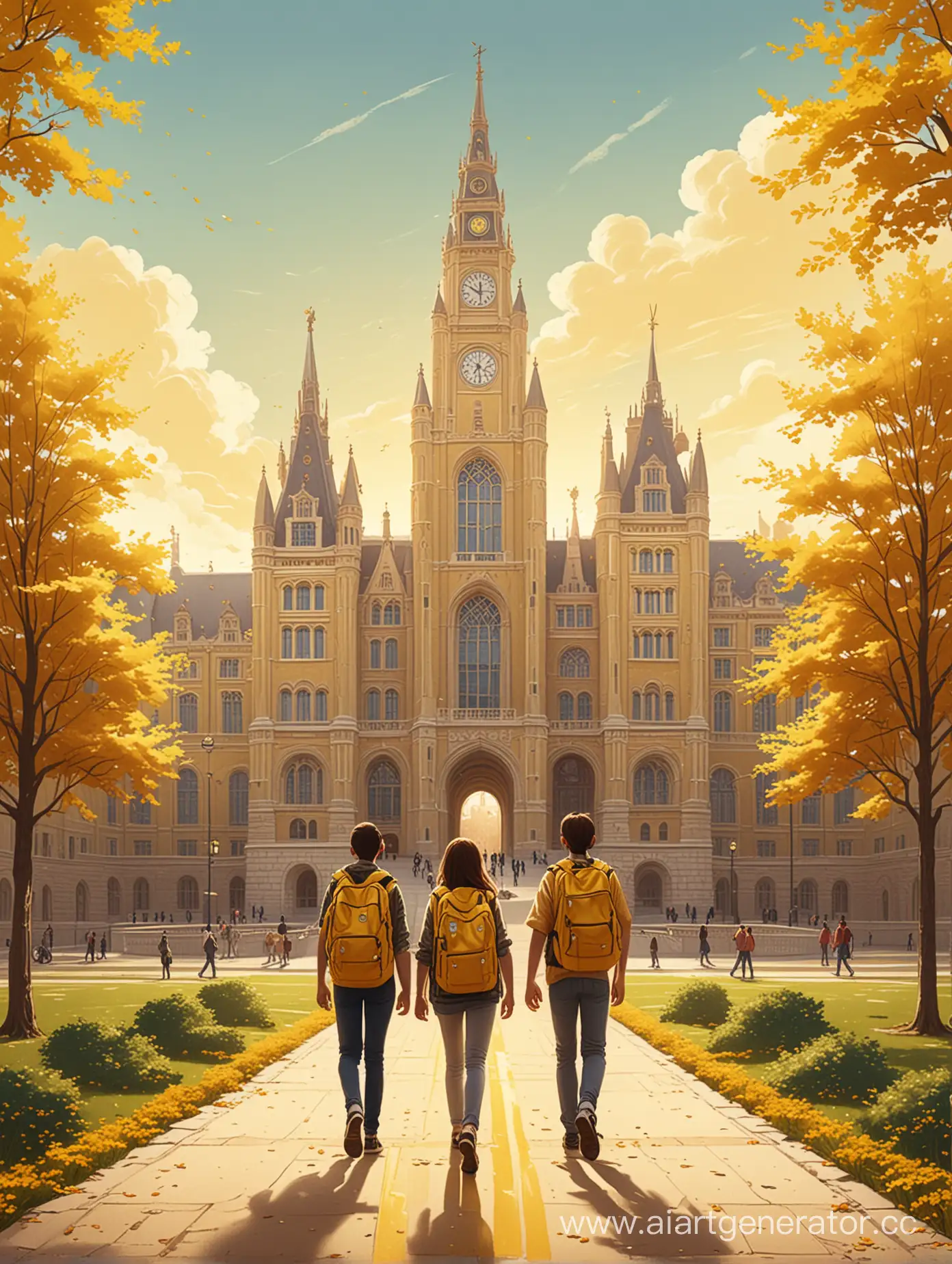 Два студента - парень и девушка стоят к нам спиной и смотрят на гигантское здание университета, к которому ведет желтая тропа. У них за спиной рюкзаки. Изображение в стиле иллюстрации, сделанной в иллюстраторе