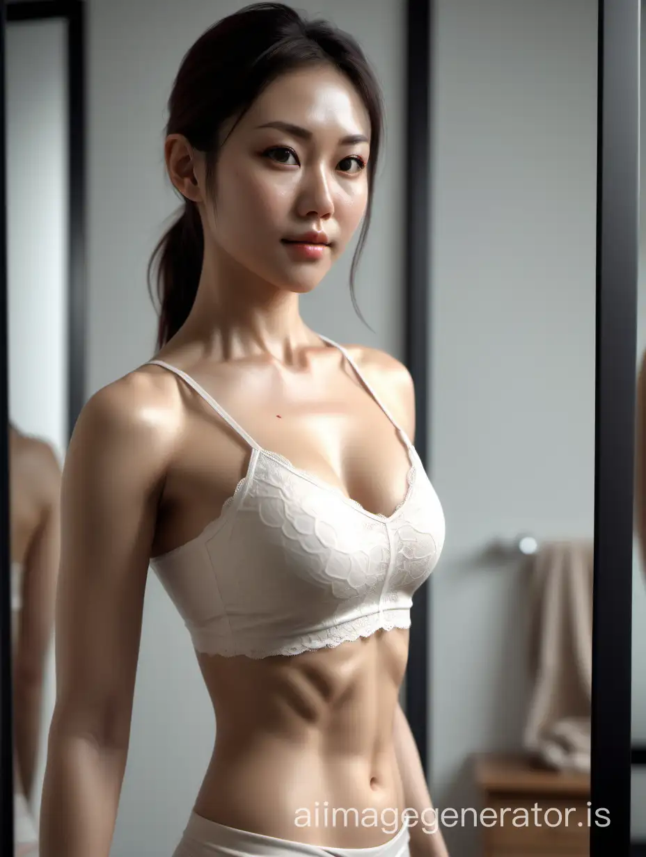 When I went to Pilates on my way home from work, I felt that my entire body was becoming more toned. She is a beautiful woman looking at her body reflected in the mirror, sexy ivory laced camisole style, Japanese, close-up beautiful feminine sharp abs, beautiful legs, full body in image, hyperrealism, 8K UHD, realistic skin texture, imperfect skin, shot with Canon EOS 5D Mark IV, highly detailed.