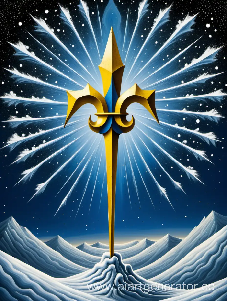 Украинский трезубец настоящий действующий герб Украины по образцу рисунка: https://i.pinimg.com/564x/bb/b0/16/bbb0168313dff83a1a017dd37aa6ef93.jpg
Точно повторить рисунок
 зроблений зі снігу в синьому небі у місячному сяйві в стилі Сальвадора Далі на тлі космічних зірок