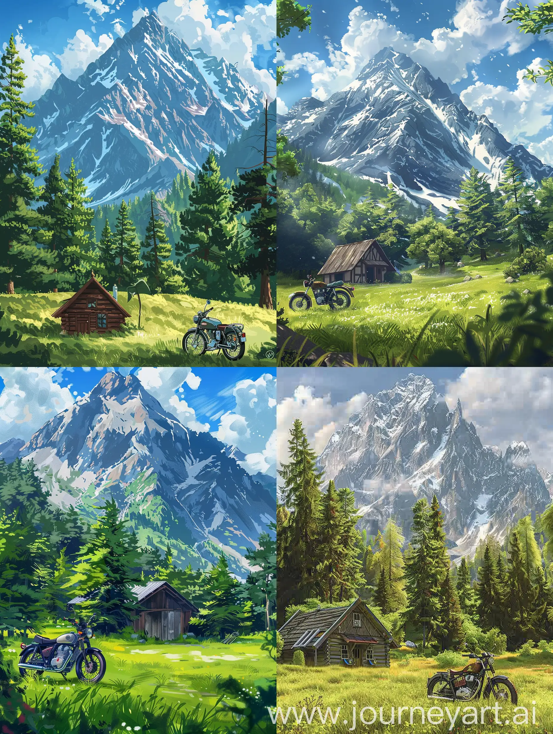 Create a peaceful wether view an  anime cottage is situated in Grass field with trees and a big mountain and a royal Enfield bike 