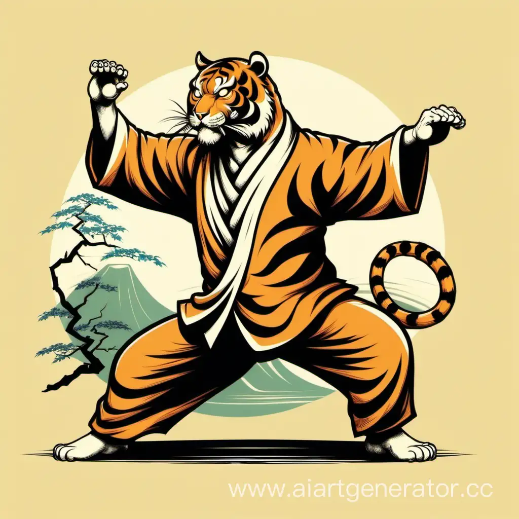 Tiger doing tai chi, in style of retro japanese vector art