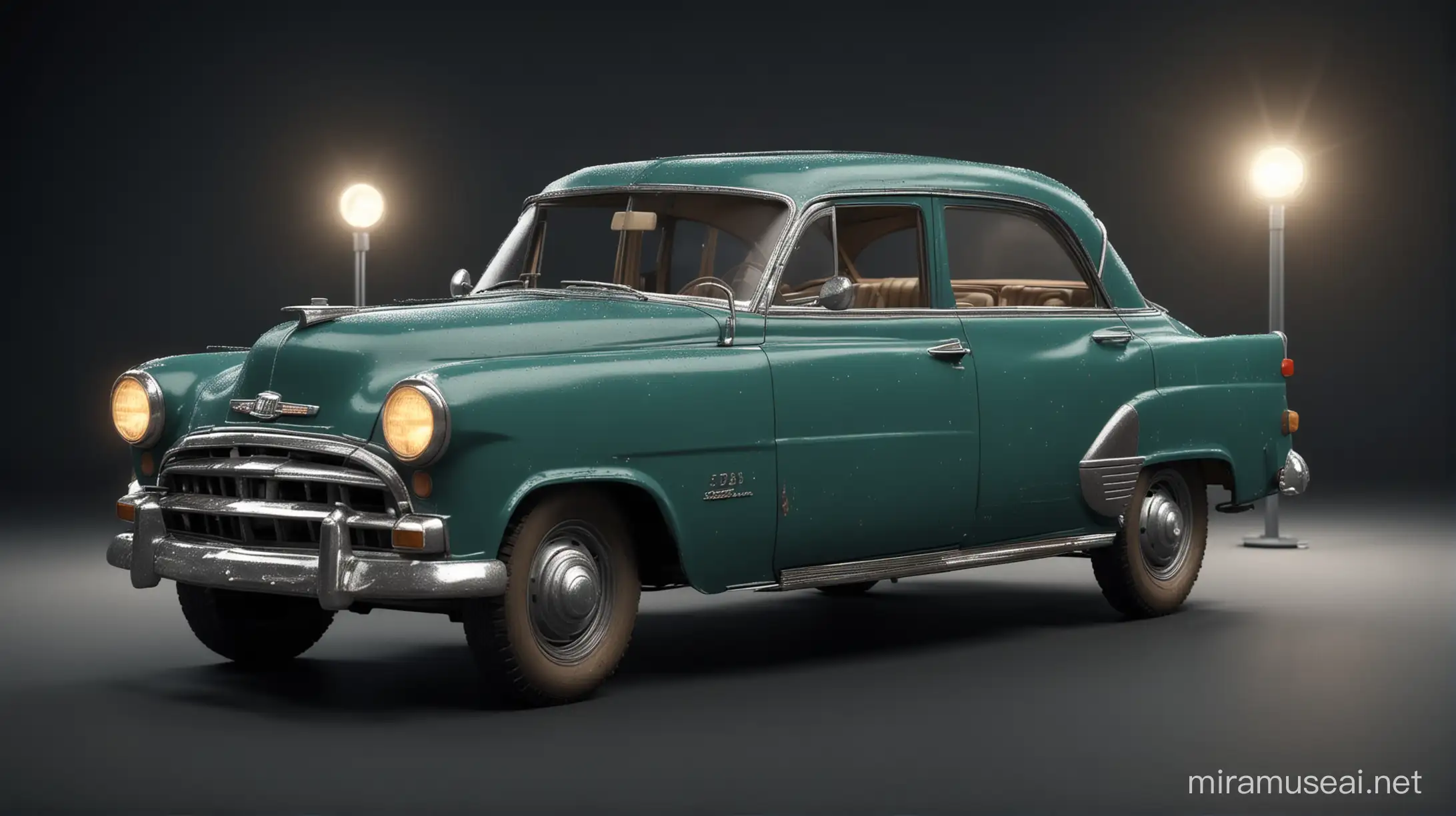 3D render of an old car toy, wide angle view, night shot with light, ultrarealistic
