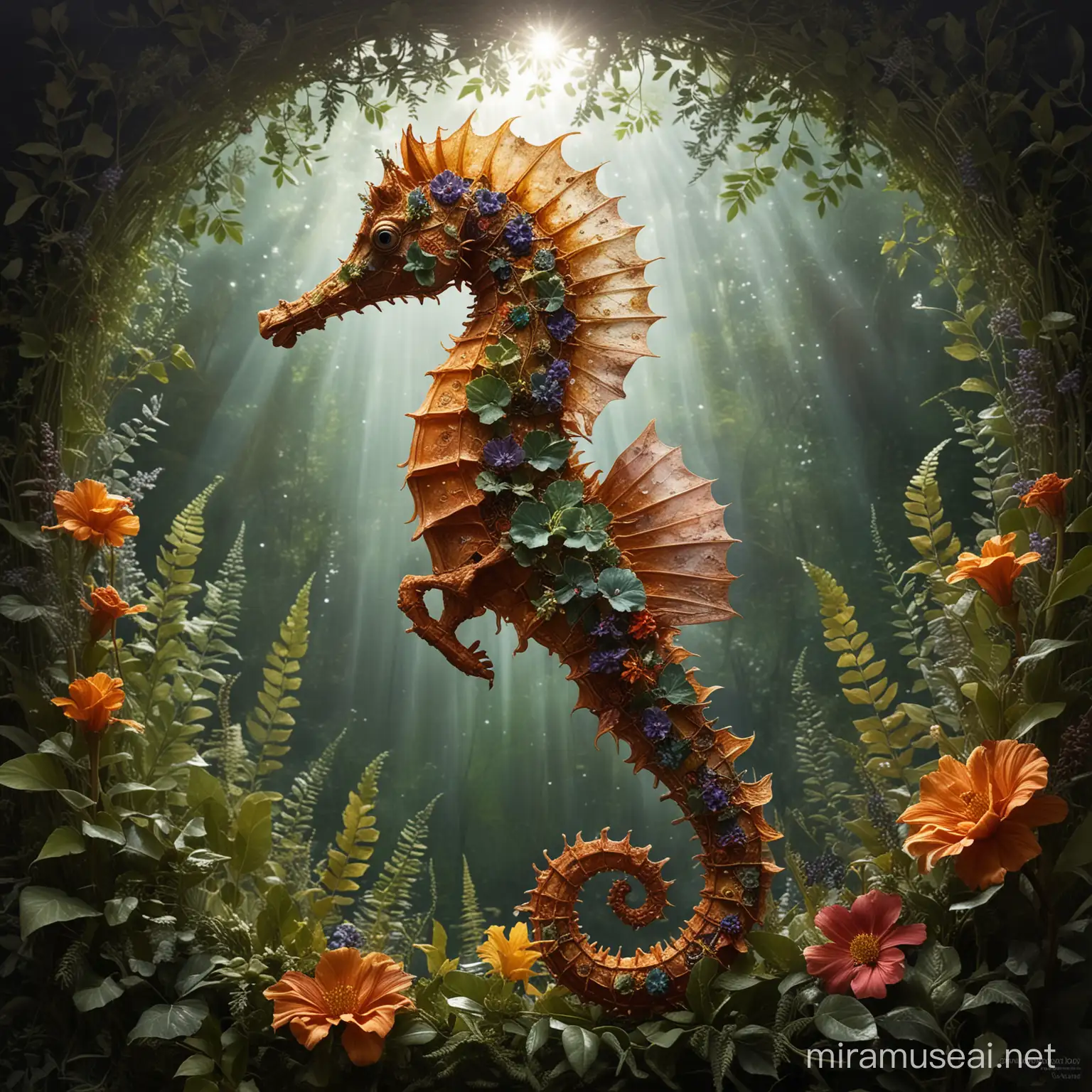 A beautiful and elegant seahorse made from pressed leaves and flowers, floral decorations on the seahorse’s body, dynamic action side shot, reflective eyes, gorgeous wondrous image, fantastical, eye catching, striking colorful botanical backdrop, prompt by McKay, lit windows, stunning image, moody sky, surreal, strongly lit, centered, beautiful, shimmering, textured, mixed media, collage, edgy, realistic, moody, odd, strange, mysterious, shimmering, gossamer, ethereal, fantasy, award winning, thought provoking, hyper detailed, highly detailed, beautifully lit, scattered light, sunbeams, sunlight 