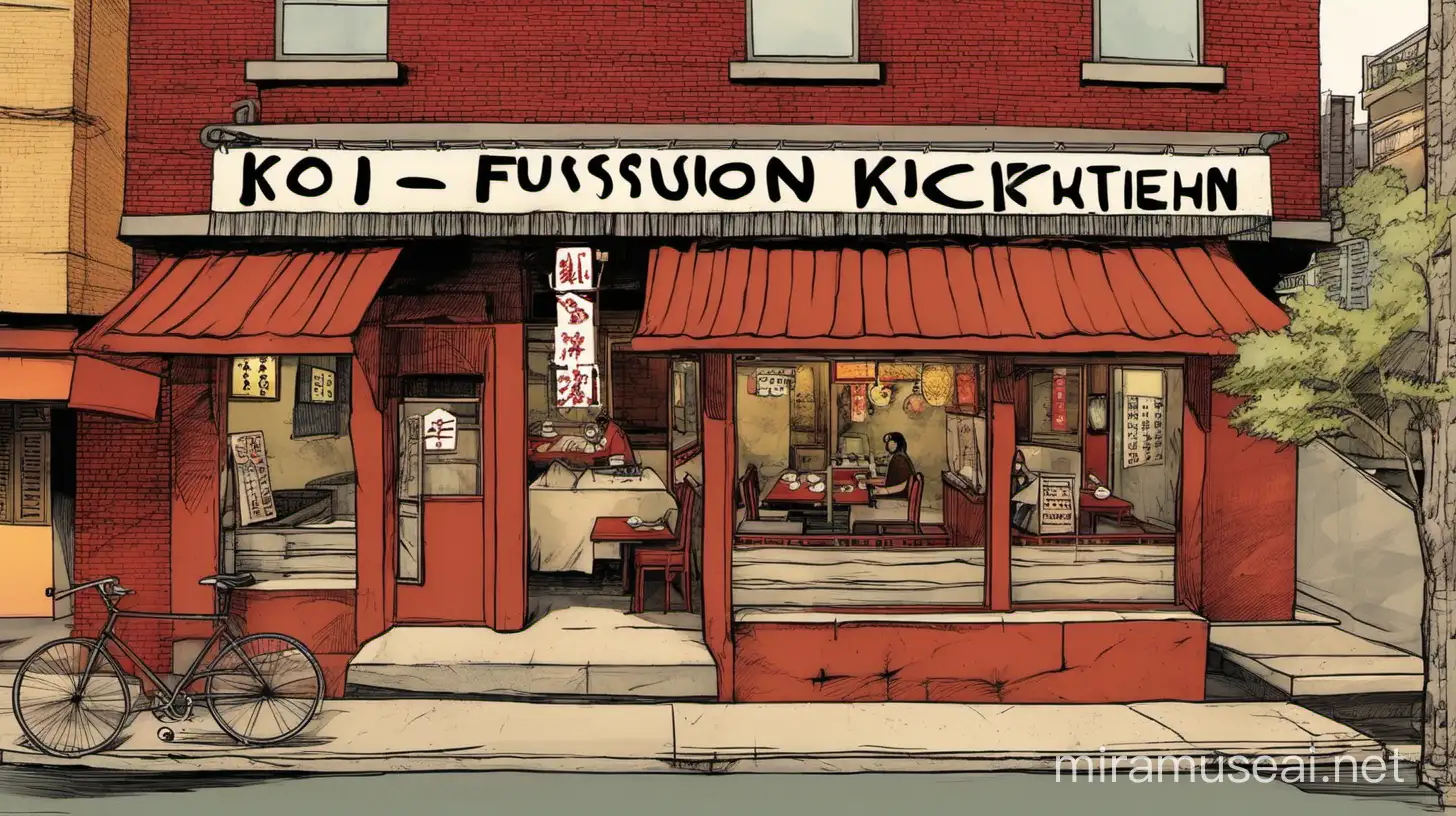 I need a postcard where you can see an asian restaurant called "koi - fusion kitchen" on a street