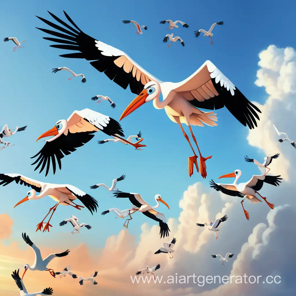 storks fly in the sky