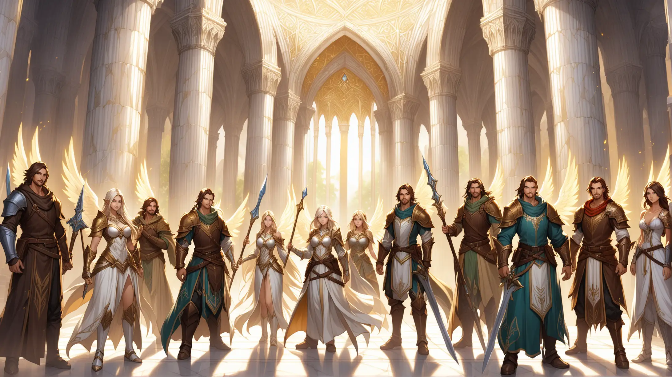 crew of paladins bards and summoners, men and women, half-angels Aasimar, marble palace, Medieval fantasy