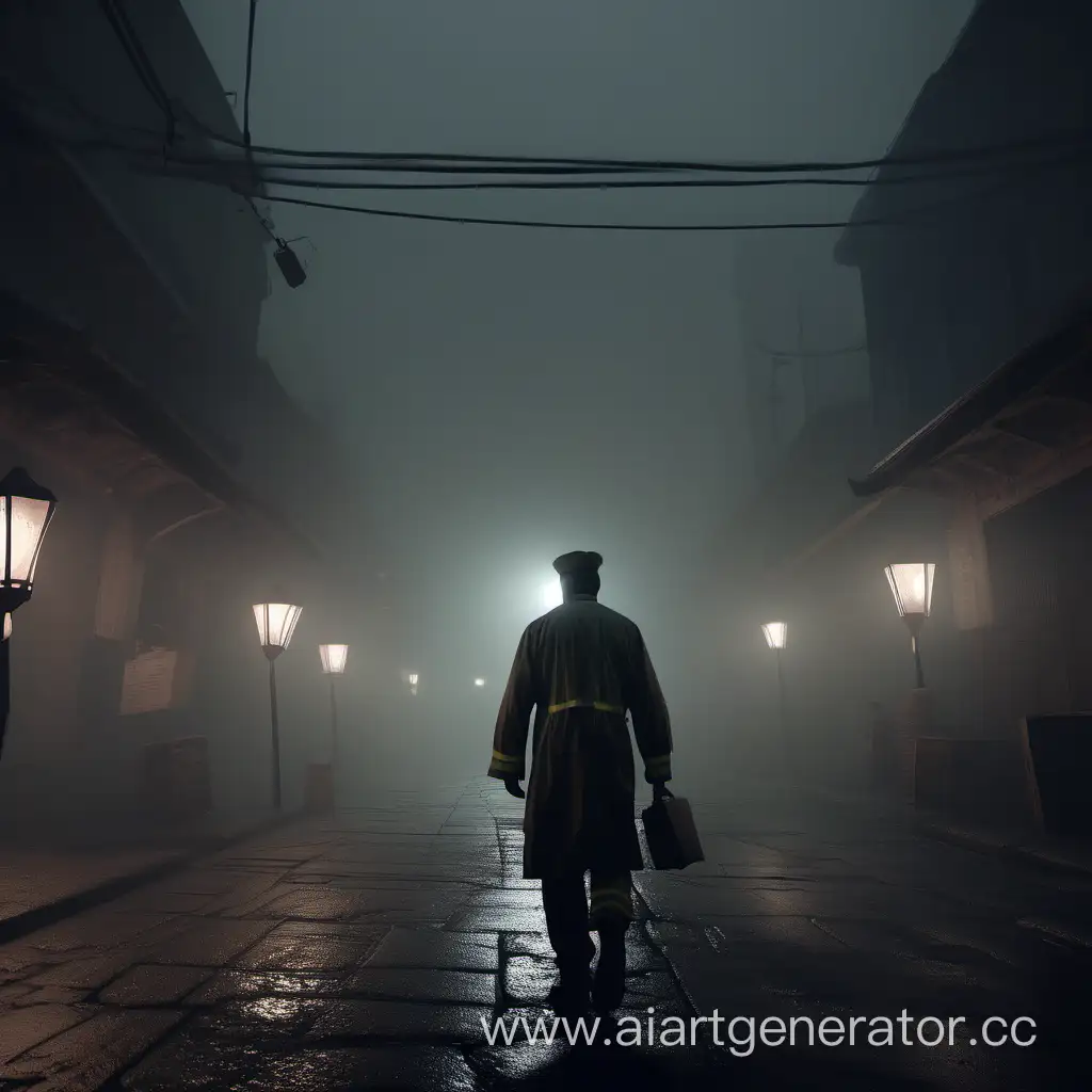 ультрареалистичность 4k, человек в запачканной рабочей форме идет по темной пустой улице с тусклыми фонарями и небольшим объемным туманом