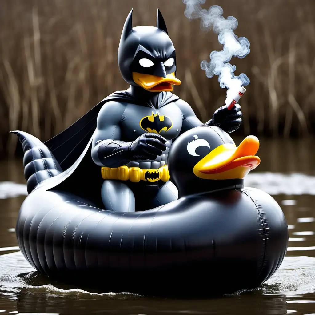 Batman sa vozí na nafukovacej kačičke s veľkou cigaretou v ústach 