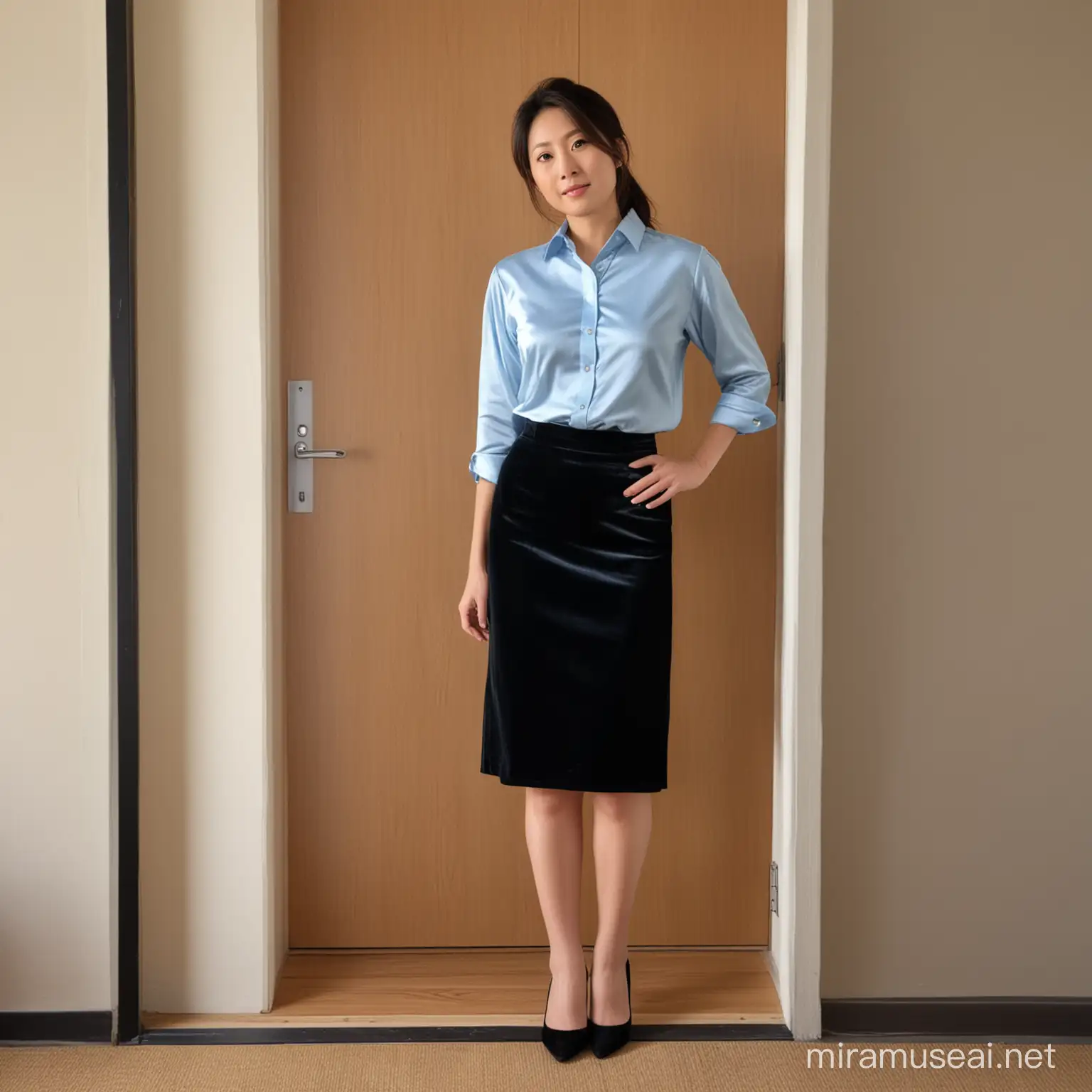 40 years old Japanese woman wearing light blue silk shirt and black velvet pencil skirt standing in a doorway. Full length view.