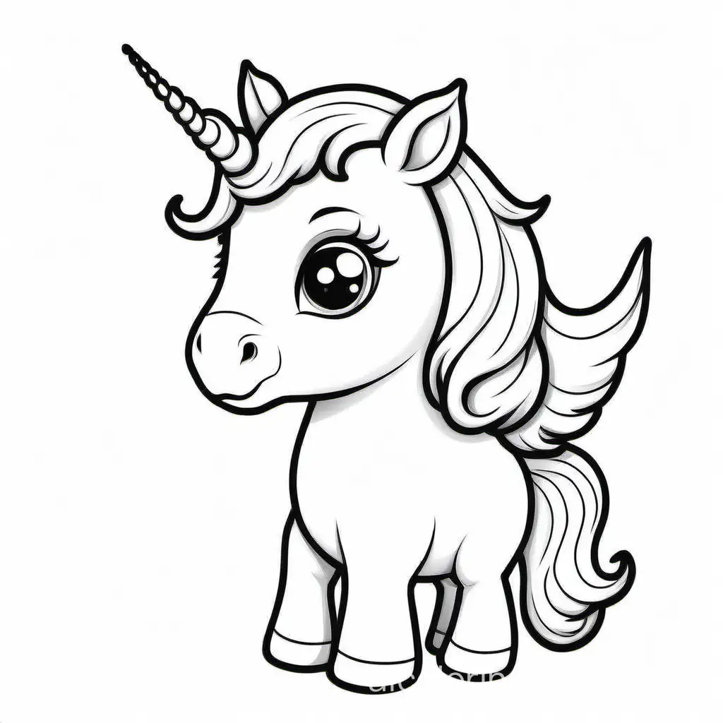 Baby unicorn without background , Coloring Page, black and white, line art, white background, Simplicity, Ample White Space. The background of the coloring page is plain white to make it easy for young children to color within the lines. The outlines of all the subjects are easy to distinguish, making it simple for kids to color without too much difficulty