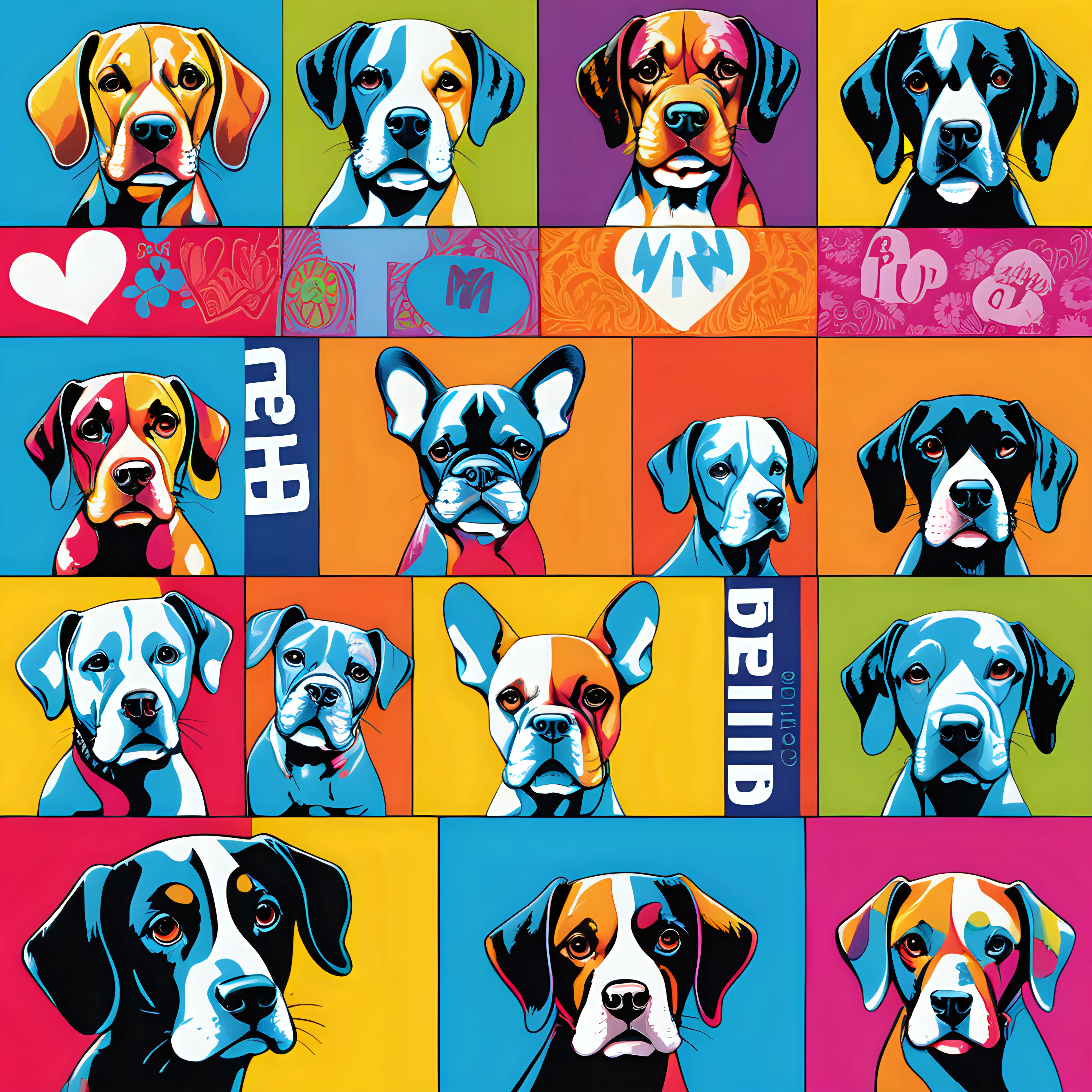 Generate a lively and imaginative series of pop art portraits inspired by the iconic Beatles album cover. Replace the original band members with whimsical depictions of various dog breeds, each exuding its unique charm and personality. Embrace the bold and vibrant color palette typical of pop art, incorporating dynamic shapes and patterns. Ensure that the composition retains the playful and energetic spirit of the original artwork, making it a delightful fusion of canine charm and musical nostalgia