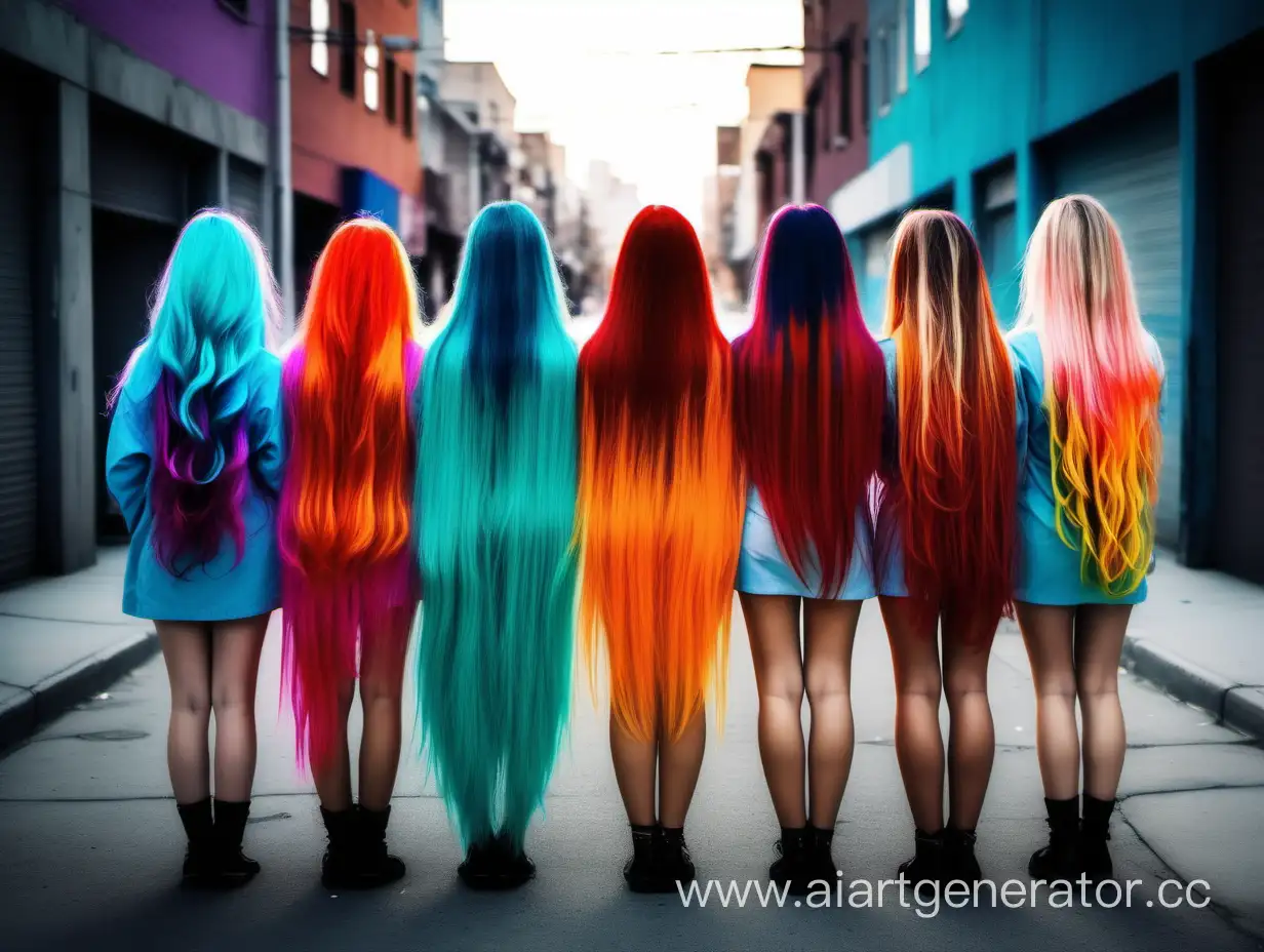 Город девушек,  все девушки с невероятно длинными волосами, волосы девушек окрашены в яркие цвета показывая индивидуадьность, волосы настолько длинные что достают до земли, волосы девушек очень объёмные и густые, девушки находятся спиной к зрителю