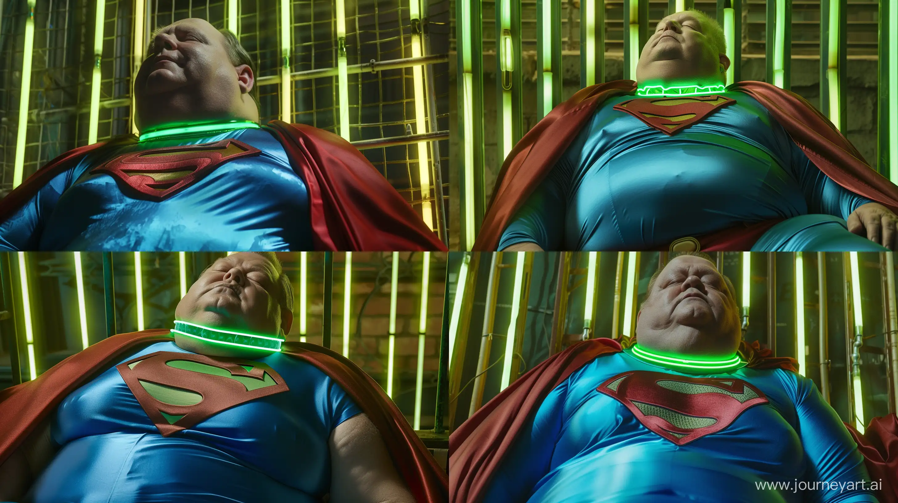 Extreme close-up shot photo of a fat man aged 60 wearing a blue silk superman tight costume with a large red cape and a tight green glowing neon dog collar. Sleeping against green glowing green neon bars. Outside. Daylight. Natural Light. --style raw --ar 16:9