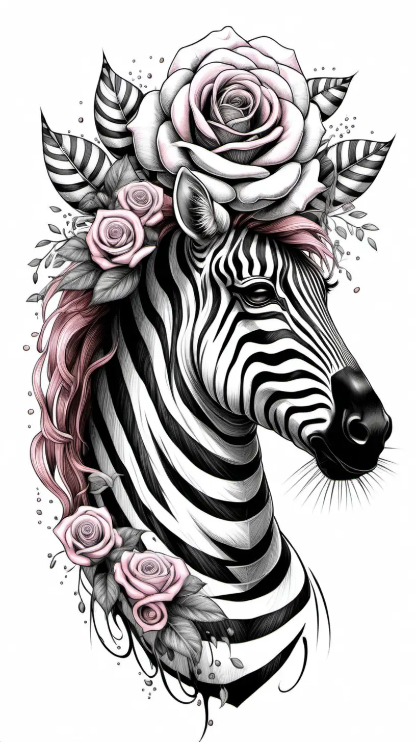 Zebra color roses onto of its head, feminine, fine line art