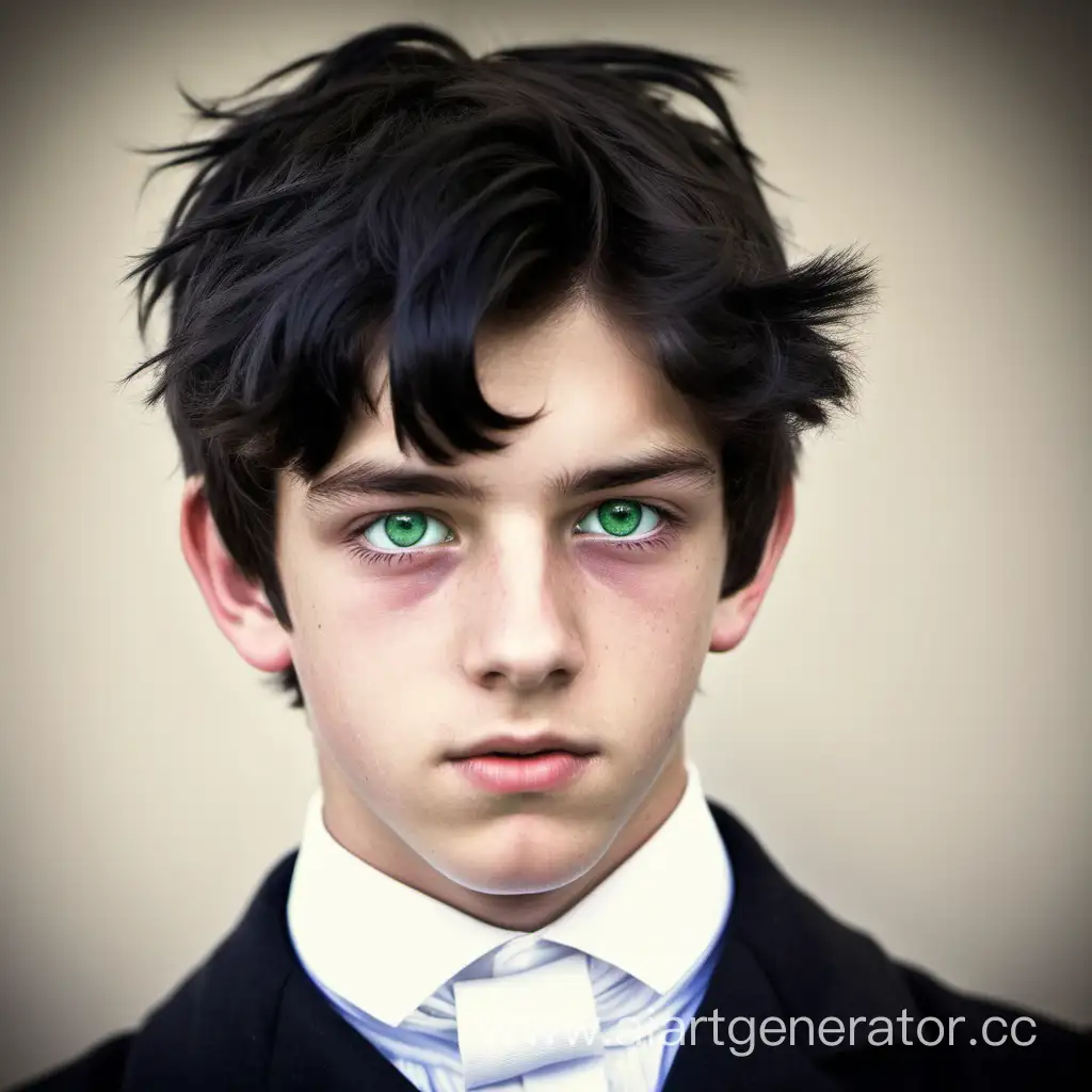 Мальчик подросток 17-18 лет. Зелёные глаза и чёрные волосы. Эпоха 19 века Англии или Британии