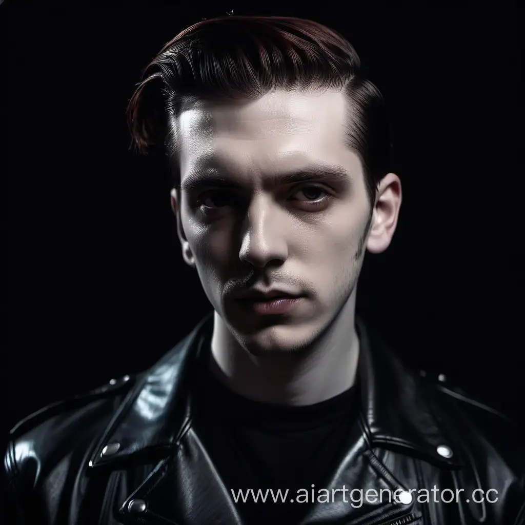 Pale-Man-in-Gothic-Leather-Jacket-Against-Black-Background
