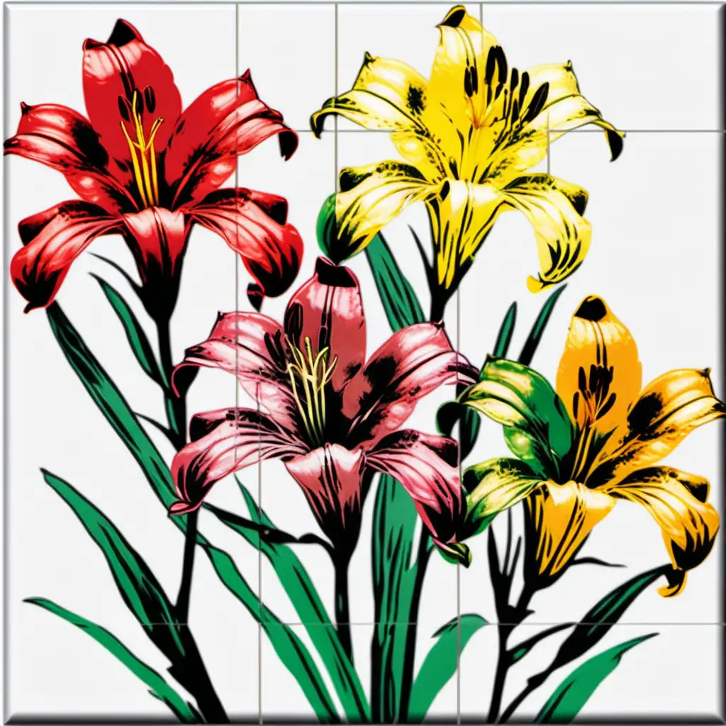 /imagine prompt pastel watercolor Peruvian Lily FLOWERS ,,red,yellow,black,green,  washed out color, clipart on a white background andy warhol inspired --tile