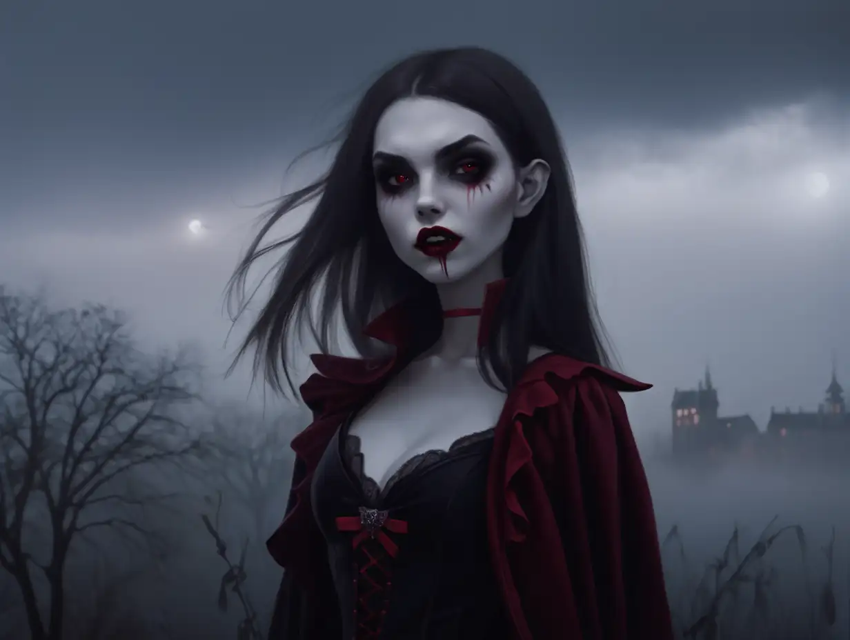 Enchanting Vampire Girl Silhouetted Against Mysterious Foggy Skies