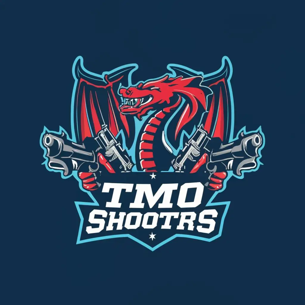 logo, Dragon with guns, royal blue background, with the text "TMO SHOOTERS", typography, be used in Sports Fitness industry