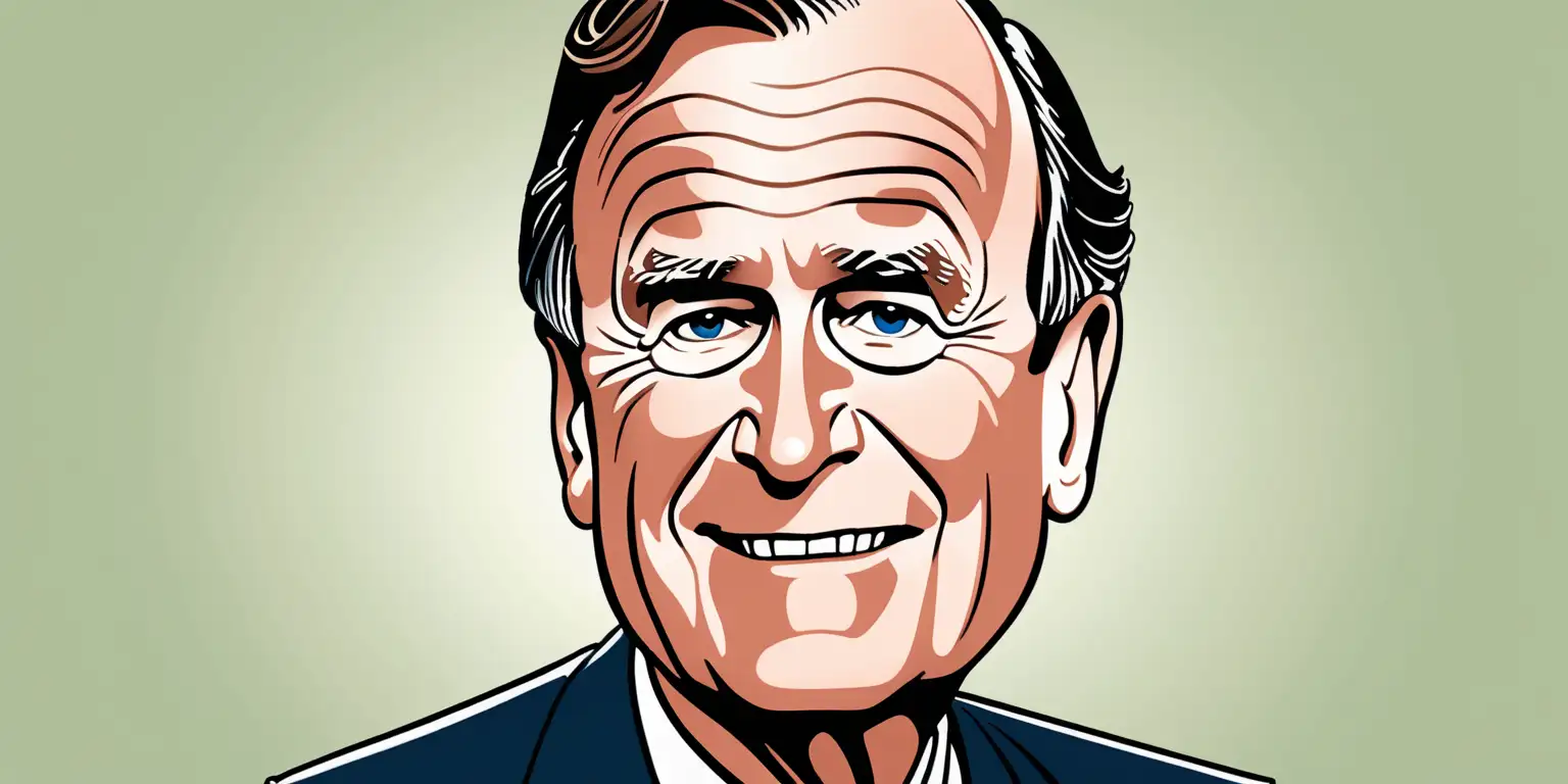 Cartoon Illustration of George H W Bush on a Vibrant Background