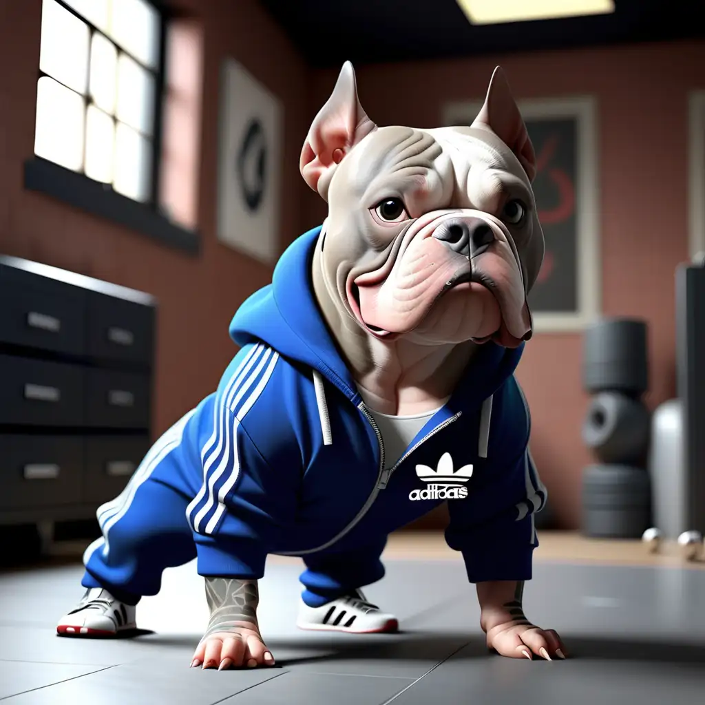 cute strong american bully wearing a addidas 
jumpsuit break dancing 