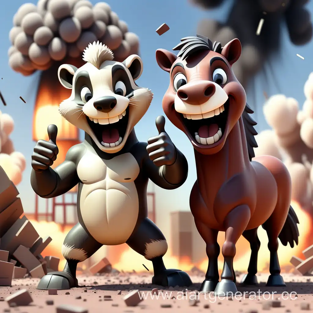 A badger and a cartoon-style horse stand against the background of an explosion, smile and look at the camera and give a thumbs up like best friends
