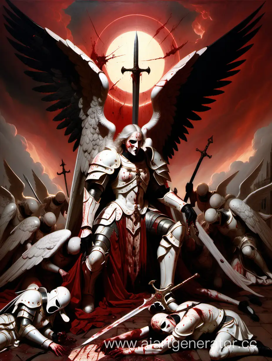 Ангелы плачущие от боли сидят на земле окружая Архангела в доспехах и белой маске, он держит окровавленный меч. Над ними красное небо и чёрное солнце.