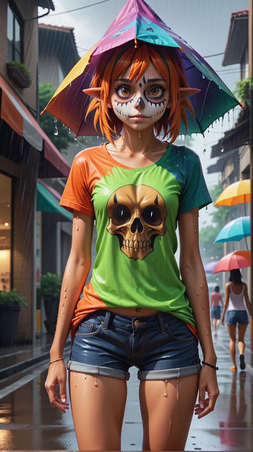 I hate going to work, Skull Kid, A beautiful, petite, slender, seductive, sultry 18 year old girl, tanned, raining, colored t-shirt, shorts, arms over head, full body, hyper realistic