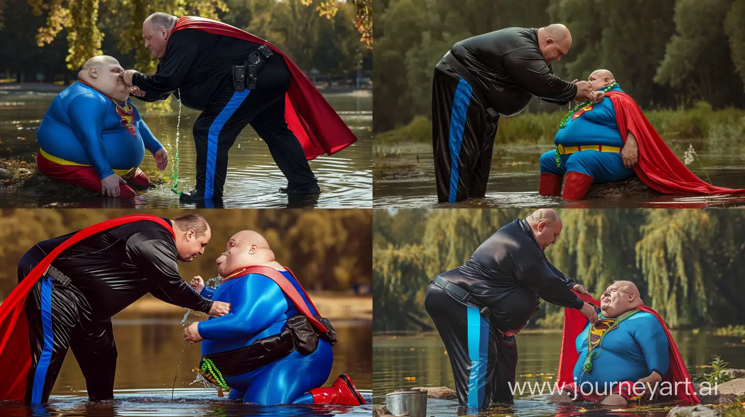 Photo of a very obese man aged 70 wearing a silky black tracksuit. Royal blue vertical stripe on the side of the pants. He has a black tactical belt. He has a big and long red leather cape. He is bending over a chubby man aged 70 dressed in a clean slightly shiny blue superman costume with a big red cape, red boots, blue shirt, blue pants, yellow belt and red trunks sitting in water, and putting a green necklace around his neck. Outside. --style raw --ar 16:9 --v 6