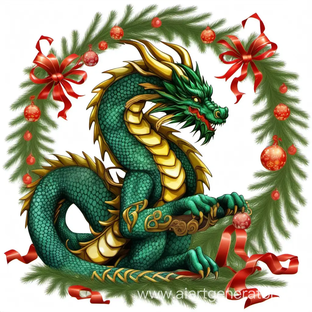 мудрый восточный дракон вокруг новогодней ели  без фона 
