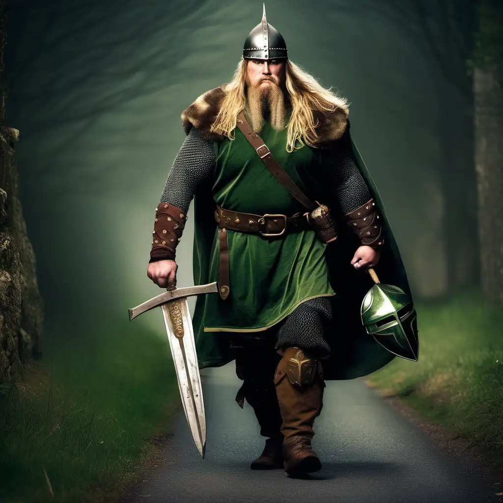 fat muscular man, Viking skald, Norman helmet, long blond brown hair, long blond brown beard, no moustache, green brown armor, Medieval road, night