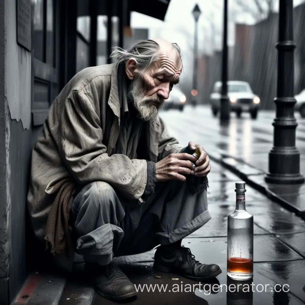 Lonely-Homeless-Man-Contemplating-an-Empty-Bottle-in-the-Rain