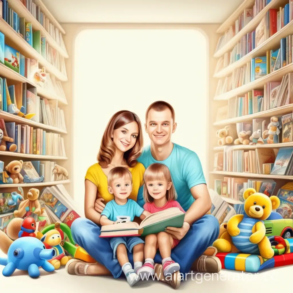 Счастливые  родители и ребенок на ярком  фоне игрушек, учебников, общества