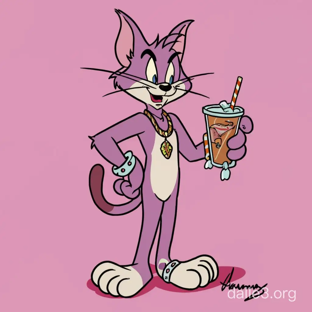 full-length, original drawing, the adult Pink cat Tom from cartoon "Tom and Jerry," wearing diamond chains, rapper, with a double cup with a purple drink