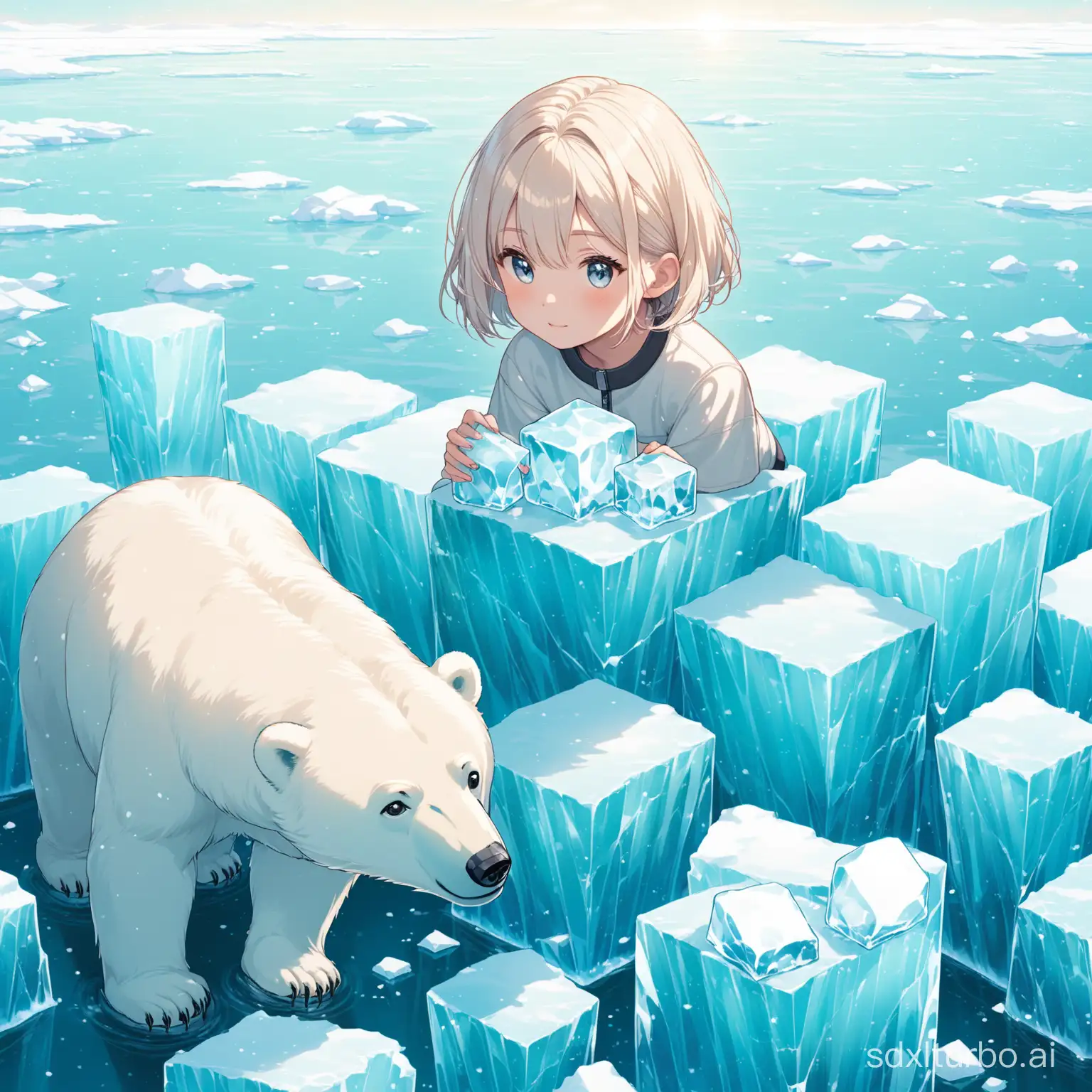 Adventurous-Girl-with-Polar-Bear-Pet-Exploring-Arctic-Ice