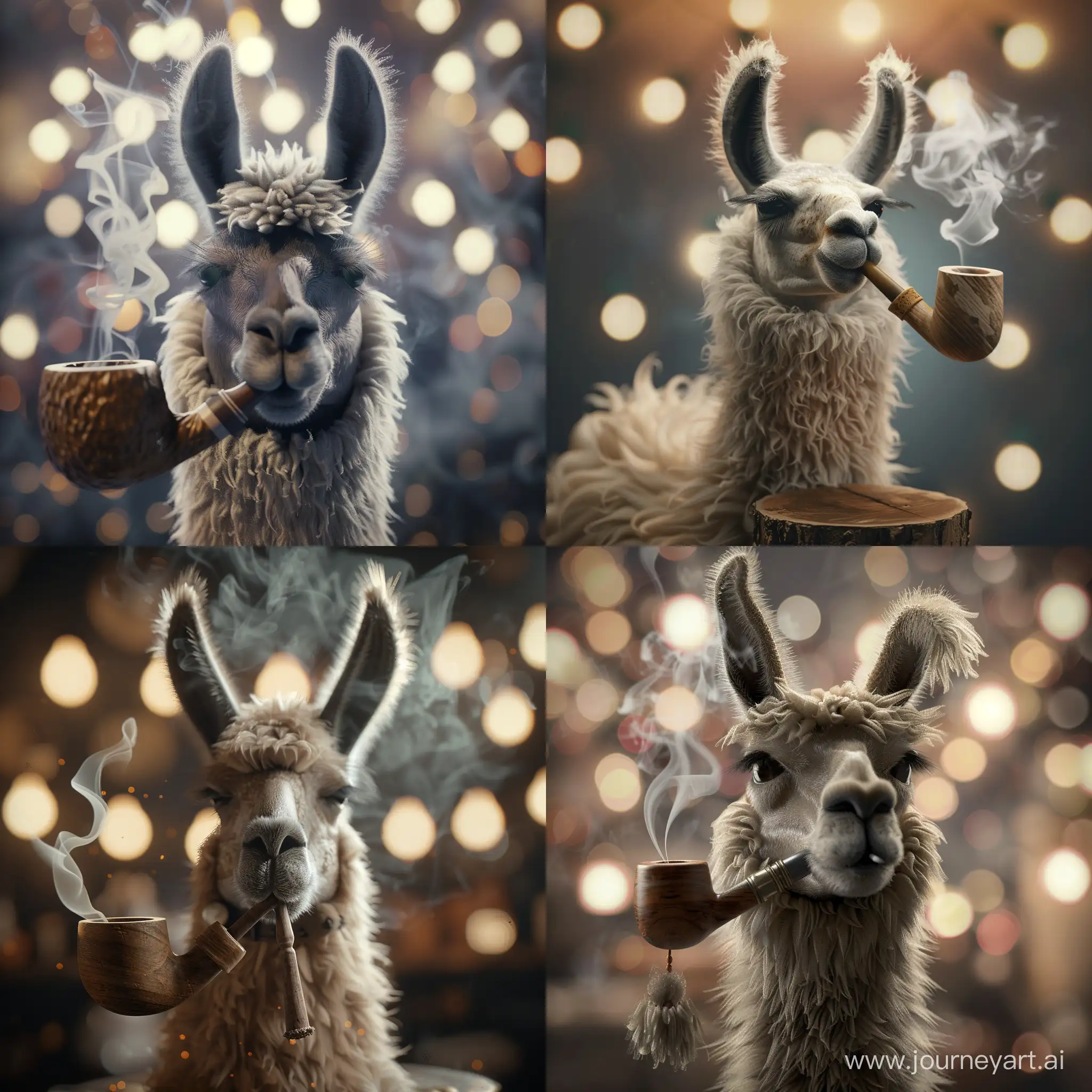 anthropomorphic llama smoking a wooden pipe, head and shoulders textures and details, fluffy shaggy fur, insanely high-quality 3D render 16k resolution digital art photorealistic bokeh depth cool tones, surrounded by smoke, in the style of Midjourney, photorealistic concept art