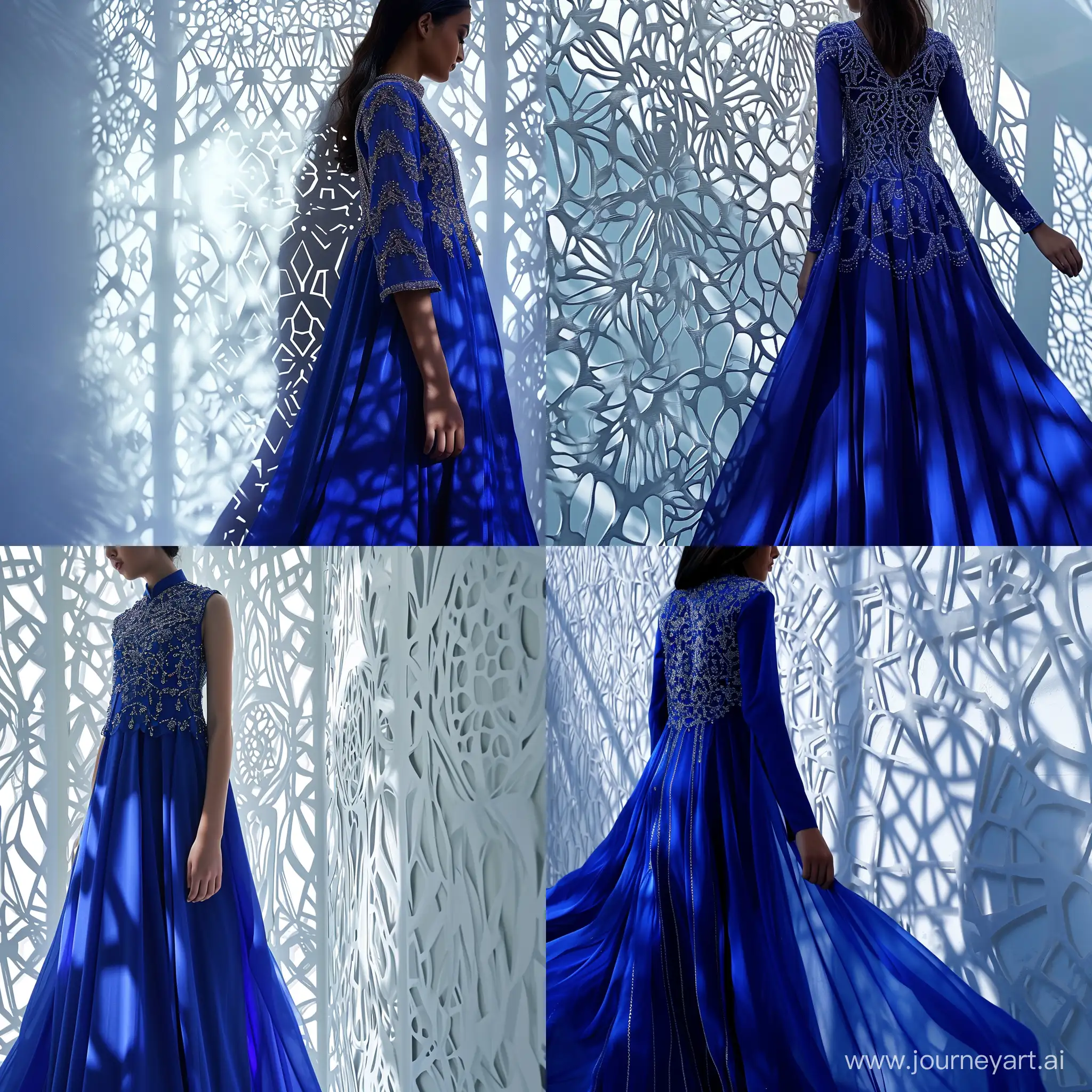 Elegant-Royal-Blue-Dress-with-Geometric-Lace-Wall-Background