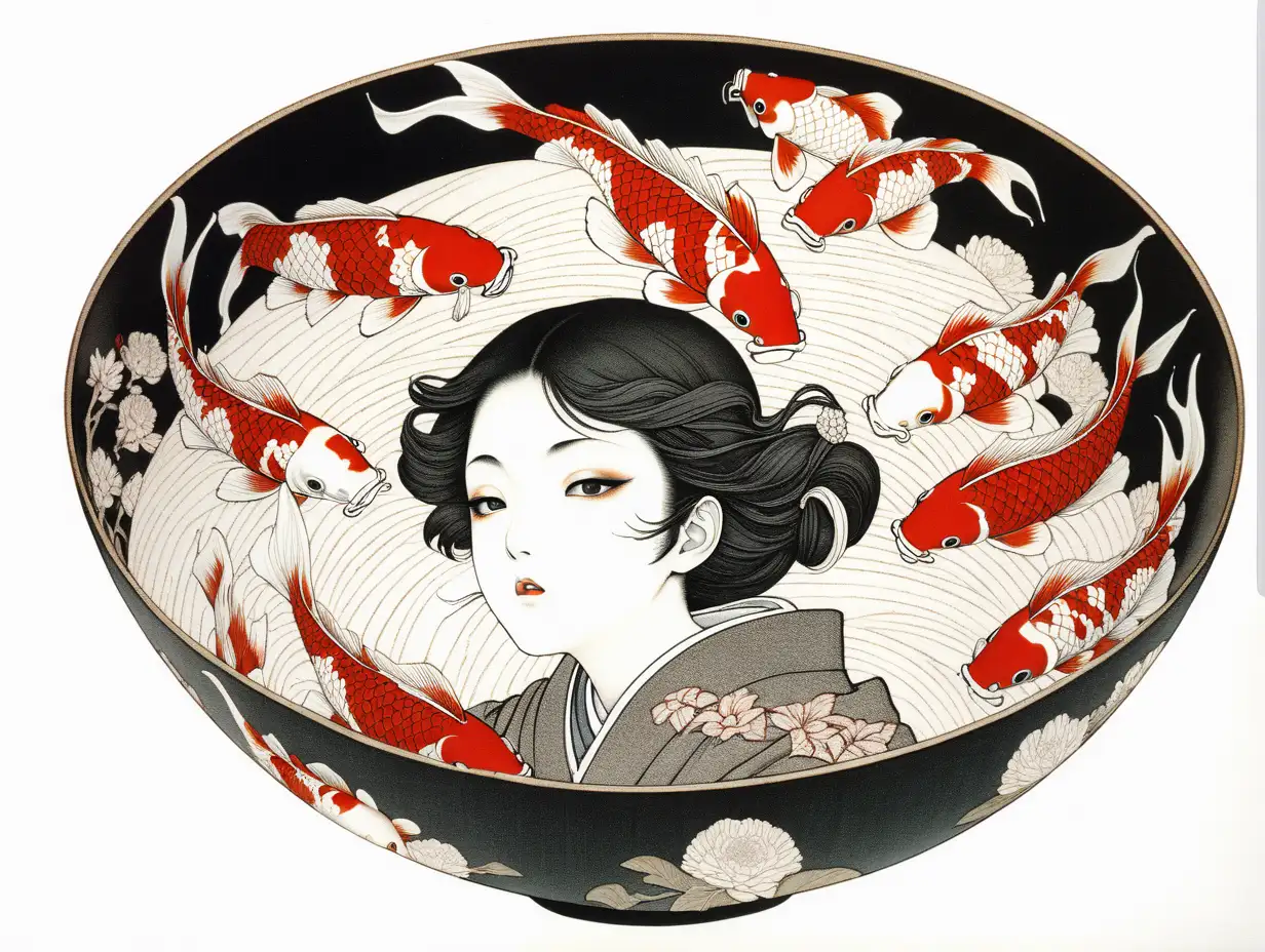 Takato Yamamoto Inspired Bowl with Tranquil Koi Fish on White Background