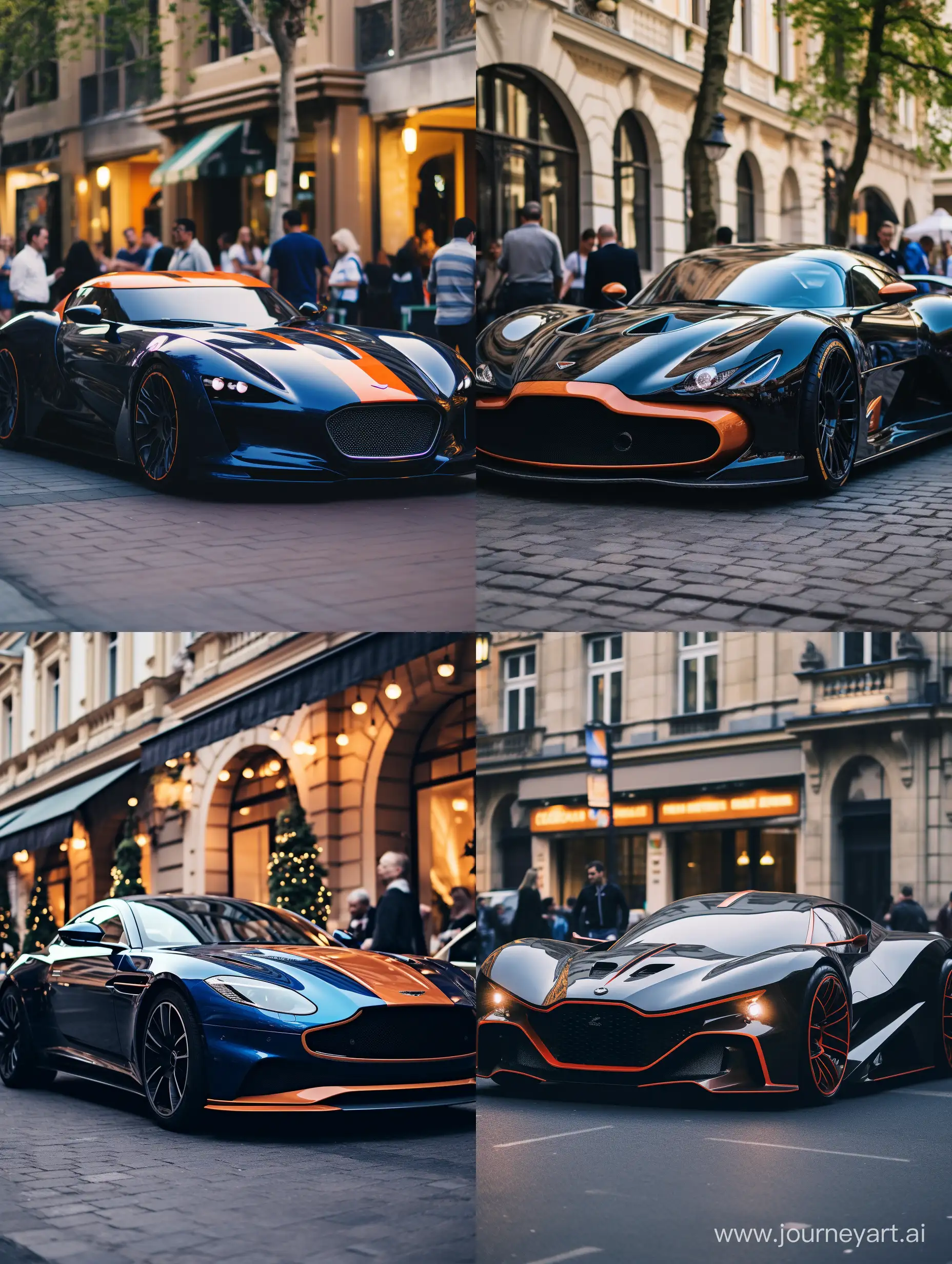 The image features a custom-made, orange and black sports car parked on the street. The vehicle has an eye-catching design with orange wheels and blue lights. It appears to be a one-of-a-kind creation that stands out from typical cars. In addition to the sports car, there is a person visible in the background, but their features are not discernible.