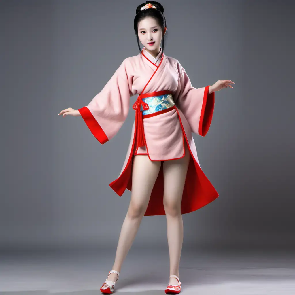 Needlefelt, Chinese woman, hanfu mini dress, hanfu shoes,, bare legs, large hips, large thighs, large breast, small waist full body view