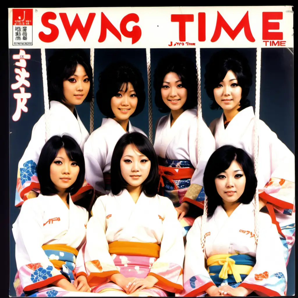 record sleeve for 1970s j-pop group, with four young adult female Japanese singers dressed in short kimono, playing side-by-side on swings,  facing forward, Title is “Swing Time”. Includes company logo and price markings, slightly worn condition