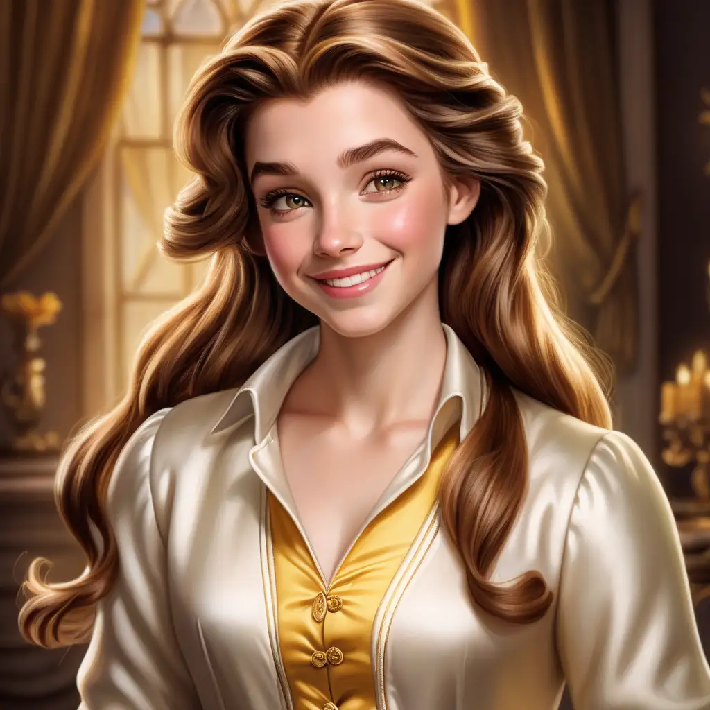 ultra realistic Belle from Beauty and the Beast
, long cheveux, chemise manches longues en satin soyeux ivoire très très échancré  ID photo with a smile