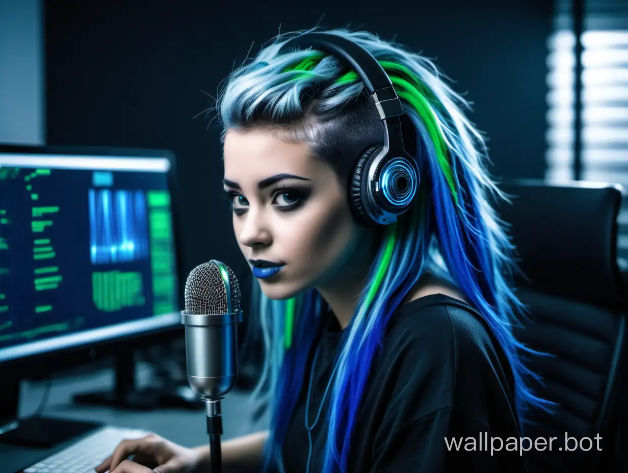 Programmer girl with blue streaked hair, teaches AI to recognize voice, microphone, dark office environment, color black, green, blue