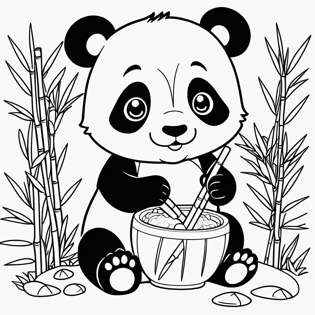 coloring book page outline, outline of a kawaii style cute and adorable baby panda eating bamboo



