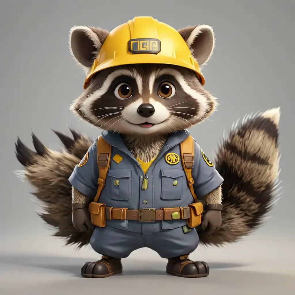A cute raccoon in cartoon style, full body, Engineer clothes with yellow helmet, with clear background